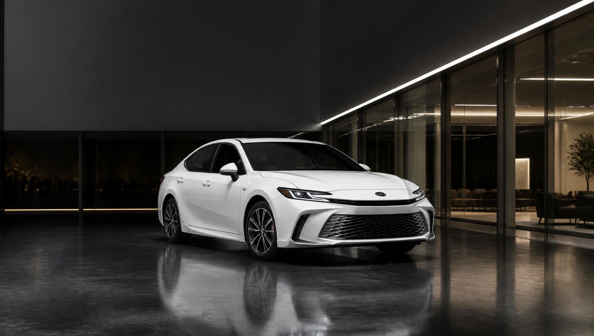 White Toyota Camry in a modern dealership showroom